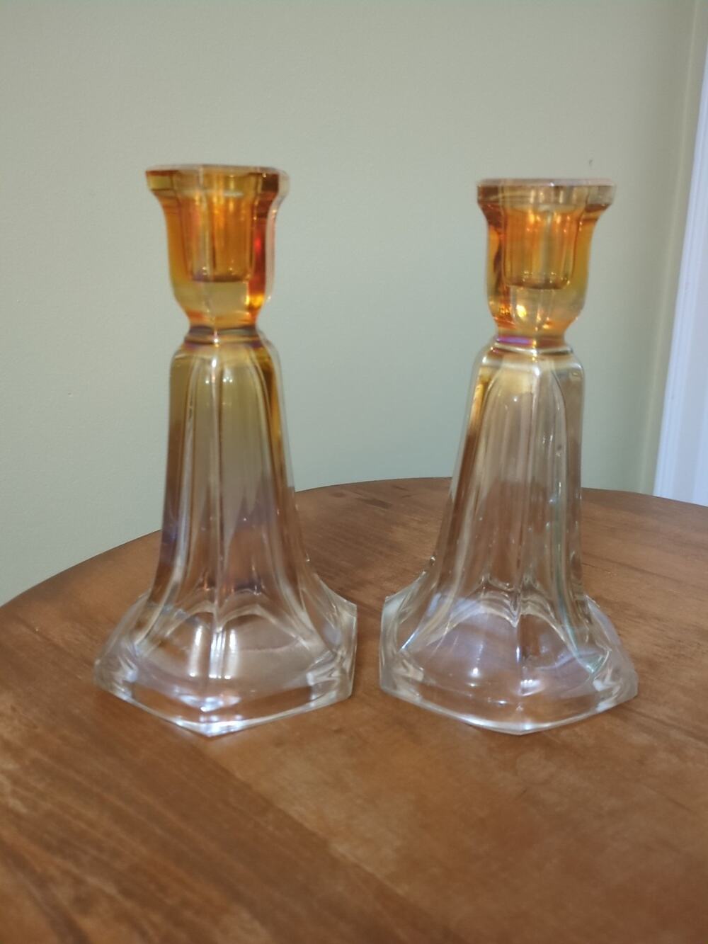 Imperial Glass #700 Rubigold Marigold Carnival Glass Candlesticks 7 1/4" High